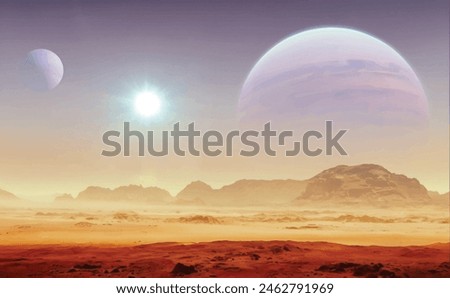 realistic vector illustration of science fiction cinematic image of planet with dark blue, purple and yellow sky with sun, stars, two distant moons, red rock and sand surface and mountains in distance
