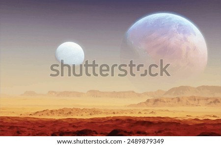 realistic vector illustration of science fiction cinematic planet with  blue, purple and yellow sky with two moons, red rock and sand desert surface and mountains in distance