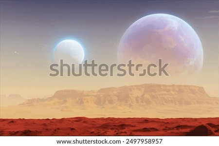 realistic vector illustration of science fiction cinematic image of planet with dark blue, purple and yellow sky with stars, two distant moons, red rock and sand surface and mountains in distance