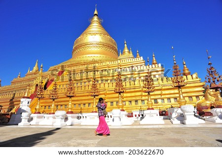 Shwezigon Pagoda, Bagan,Myanmar -December 5,2010;The land of mystic sanctuaryThe property has many tourists.