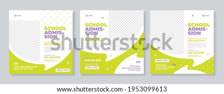 Set of three green grey with bubble chat background and photo school admission or education social media pack template premium vector