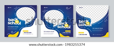 Set of three blue yellow organic fluid background of back to school social media pack template premium vector