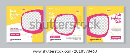 Set of three memphis background of kids fashion sale banner social media pack with yellow pink color template premium vector