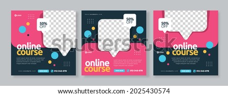 Set of three geometric circles background with bubble chat photo of online course promotion banner social media pack template premium vector