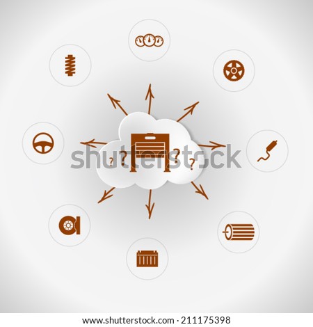 Garage quest: repair and maintenance of cars. Set of icons with brown silhouette symbols of auto parts around the cloud with question marks. Flat vector illustration on gray background.