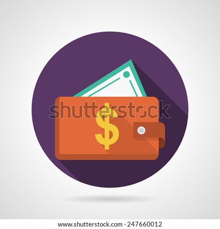 Circle purple flat vector icon for red wallet with yellow dollar symbol and with money on gray background. Long shadow design