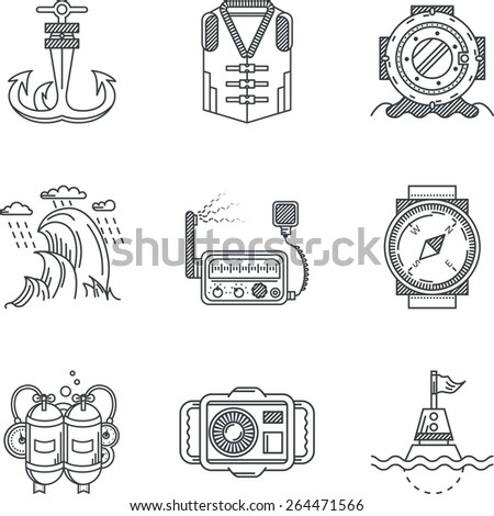 Set of flat black contour vector icons for diving or snorkeling on white background