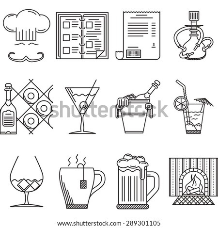 Black linear icons vector collection of restaurant elements and beverage menu on white background.
