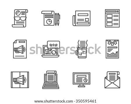 News publication, articles for advertising, email. Marketing services. Set of black simple line vector icons. Web design elements for business, website and mobile.
