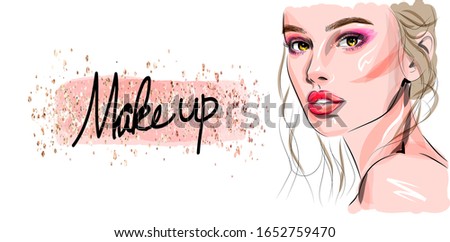 Hand drawn beautiful young woman face sketch. Stylish glamour girl print. Fashion illustration for beauty salon design, makeup artist business card background.
