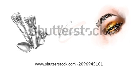 Vector sketch illustration of female eye and makeup mascara. Golden glitters eyeshadows, holiday luxury makeup. Concept for beauty salon, cosmetics label, visage and makeup.