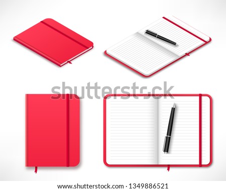 Realistic red moleskin isolated on white background.Top view and isometric projection. Notebook with elastic band bookmark. Vector illustration