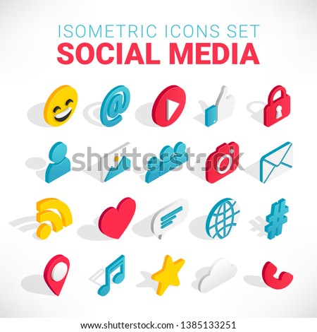 Isometric social media flat icons set. 3d concept with chat, video, mail, phone, hashtag, like, music sign. Web illustration infographics collection