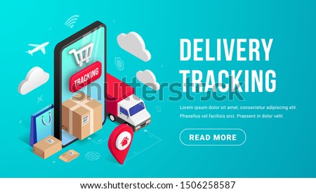 Delivery online tracking isometric banner concept with smartphone, parcel box, truck, pin on blue background. Logistic order delivery service 3d design. Vector illustration for web, mobile app, advert