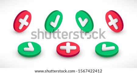 Checkmark isometric icon set. 3d tick sign. Green yes and red no X cross check mark button with shadow on white. Simple mark graphic flat design. Vector illustration.