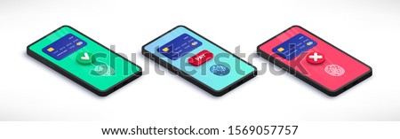 Mobile payment accepted and error isometric concept. 3d Smartphone with credit card, green yes check mark, red cross check mark, fingerprint, button pay on screen. Vector illustration