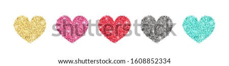 Decorative glitter shiny hearts set isolated on white. Rose gold, pink, golden, silver, red, mint glossy sparkles shape. Vector illustration for web, banner, sticker, wedding, Valentines greeting card