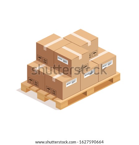 Isometric wooden pallet with big stack of cardboard boxes isolated on whte background. 3D warehouse packaging, storage and transportation concept. Vector illustration