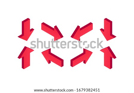 Isometric Red Arrow Set. 3d icon collection isolated on white background. Vector illustration for app, web, design, advert