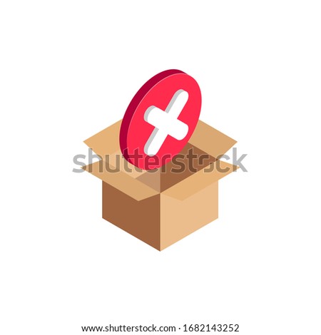 Isometric checkmark error symbol, 3d red X cross icon in open cardboard box isolated. Wrong, cancel and failed parcel receipt concept. Vector Illustration design, infographic, web, app, ad