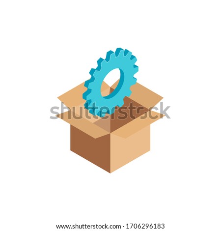 Isometric Option Service Tools symbol, Gear Sign, 3d Setting icon in open cardboard box. Configuration element, warehouse help options, data storage concept. Vector Illustration infographic, web, app