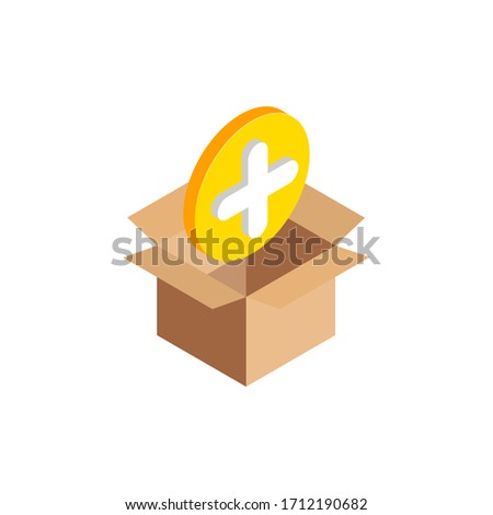 Isometric Add symbol, 3d Plus icon in open cardboard box isolated. Delivery, data storage, warehouse concept. Vector Illustration design, infographic, web, app, ad