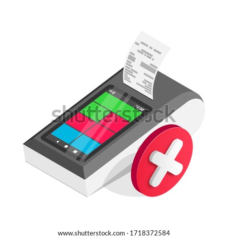 Isometric shopping, error contactless payments canceled concept. 3d smart payment terminal with red cross checkmark. Wireless online cash desk tablet with check isolated. Vector payments machine