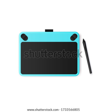 Realistic blue graphic tablet top view isolated on white background. 3d Graphic designer instrument for digital drawing, web design, graphics, photo retouch. Vector illustration