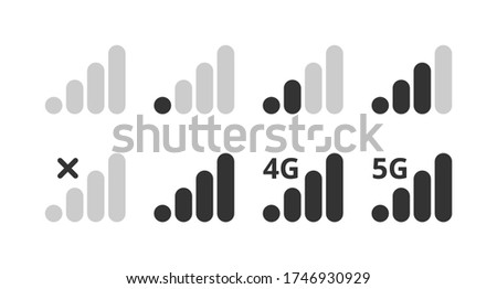 Signal strength indicator set, mobile phone bar status icon. No signal symbol, 4g and 5g network connection level sign. Vector illustration for web, app, design interface.