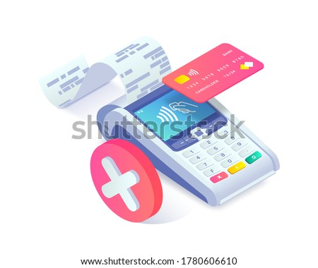 Isometric shopping, error contactless payments via smartphone concept. 3d payment terminal with red cross checkmark. Cashless NFC payment transaction canceled. Vector Flat payments machine.