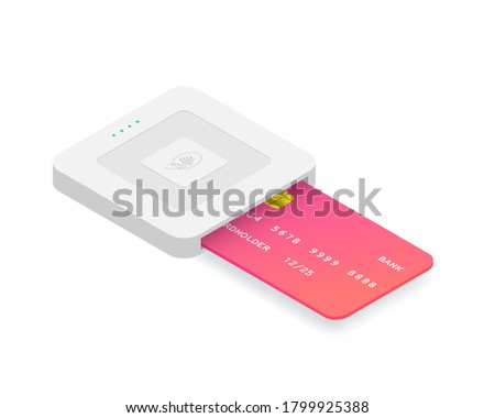 Isometric EMV chip credit card square reader. Secure cashless payment vector illustration. Wireless NFC EMV technology. Square contactless and chip reader with plastic debit card isolated on white.