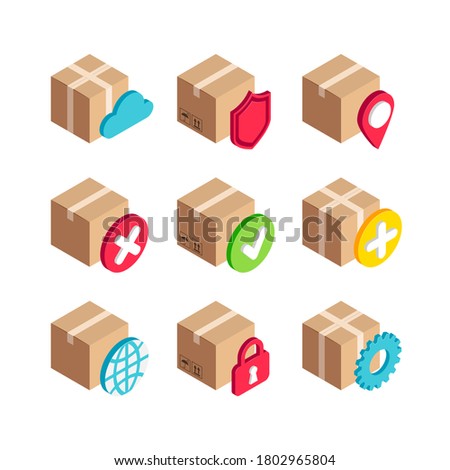 Isometric Delivery Services box icon set. 3d security, map pointer, settings, world, done and cancel symbols with cardboard box. Vector signs for design, infographics, web, mobile app, social media.