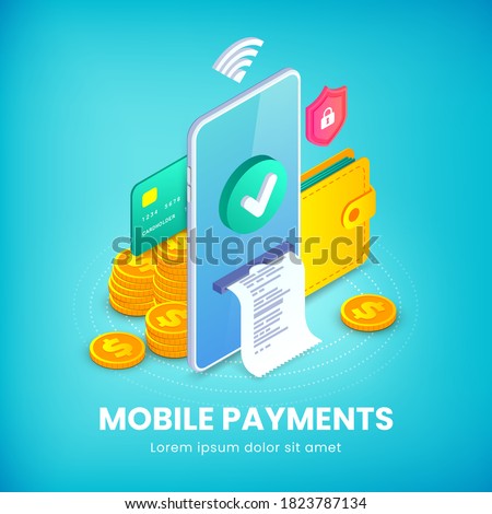 Mobile payments banner, Electronic bank app, Money transfer Isometric concept. Online shopping 3d design template with smartphone, wallet and icons. E-commerce vector illustration for web, advert, app