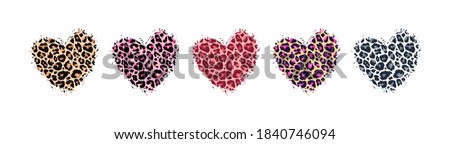 Leopard print textured hand drawn brush stroke heart shape set . Abstract paint spot with wild animal cheetah skin pattern texture. Brown, yellow, pink, grey vector design elements for print designs.