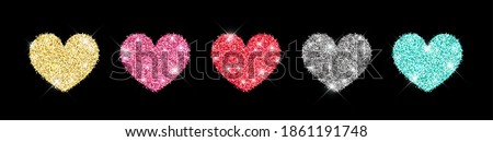 Decorative glitter shiny hearts set isolated on black. Rose gold, pink, golden, silver, red, mint glossy sparkles shape. Vector illustration for web, banner, sticker, wedding, Valentines greeting card