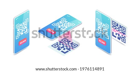 Scan QR code via smartphone set. 3d Mobile Scanning barcode concept, QR Verification isometric vector. Quick response code payment, Online contactless QR code digital menu.