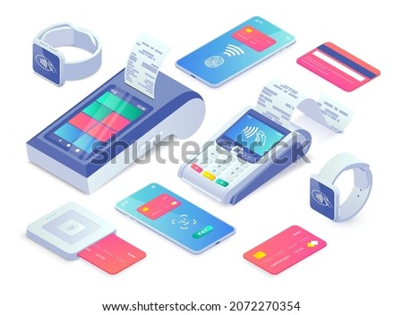 Vector Cashless Payment machine isometric concept. 3d Contactless payment via smartphone, smart watch, credit card, smart terminal with online cash desk. Success Mobile transaction NFC payments.