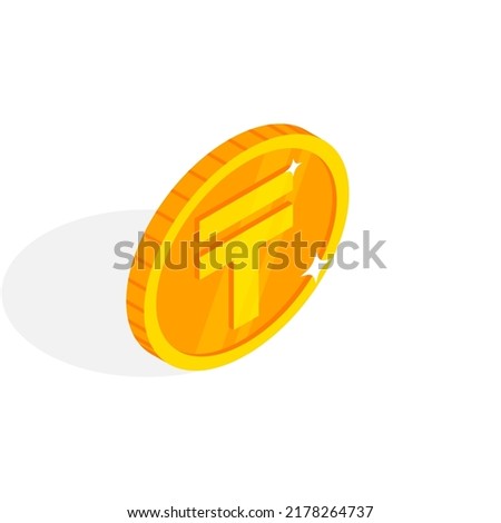 Isometric gold coin icon with Kazakh Tenge sign. 3d KZT Cash, currency of Kazakhstan, Game coin, banking or casino money symbol for web, apps, design. Kazakh currency exchange vector icon