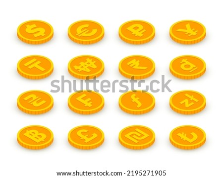 Isometric gold coins icons set with world currency signs. 3d Euro currency, dollar, pound, franc, ruble, yen, rupee, yuan, won, lira and other coins. Vector foreign money symbols for web, design, apps