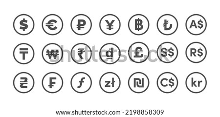 World currency icons set. Simple euro, dollar, pound, franc, ruble, yen, rupee, yuan, won, lira and other currencies signs. Vector money symbols collection for web, apps, design