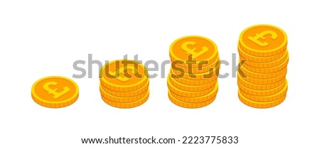 Vector Isometric gold pound coins stacks like income graph. 3d pound sterling Cash, banking, casino, business, financial, British growing money concept on white background for web, apps, design.