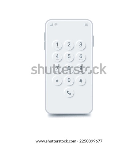 White front view smartphone mock up. Dial screen on phone. Realistic mobile screen keypad with numbers and letter template. Vector 3D touchscreen device keypad white interface mockup