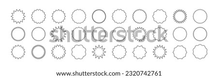 Black outline sale stickers shape mega set on white background. Promo product labels templates, starburst, sunburst badges. Vector design elements for price tag, quality mark, shop poster, web design.