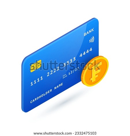 Swiss Frank Credit Card 3D icon. Vector Isometric credit card with currency of Switzerland coin. Online banking payment symbol. Online currency transactions concept. For web, app, advert, game.
