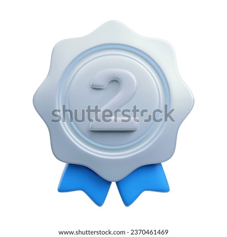 Vector cartoon 3d medal realistic icon with number two and ribbon. Trendy silver round award, abstract 2nd place badge sign. 3d render plastic certificate badge illustration