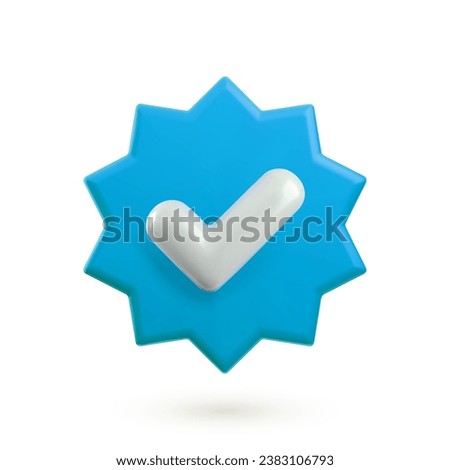 Vector 3d Check mark realistic icon. Trendy plastic blue round starburst badge with checkmark, approved icon on white background. Blue verified badge button. 3d render yes tick sign illustration