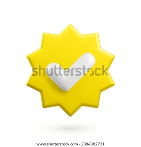 Vector 3d Check mark realistic icon. Trendy plastic yellow round starburst badge with checkmark, approved icon on white background. Golden verified badge button. 3d render yes tick sign illustration.