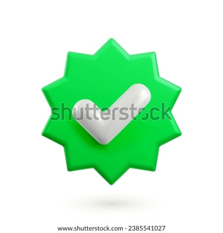 Vector 3d Check mark realistic icon. Trendy plastic green round starburst badge with checkmark, approved icon on white background. Green verified badge button. 3d render yes tick sign illustration.