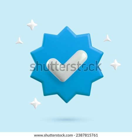 Vector 3d Blue Verified Badge concept. Trendy plastic blue round starburst badge with checkmark and sparkles, approved realistic icon on blue background. 3d render yes tick sign illustration.