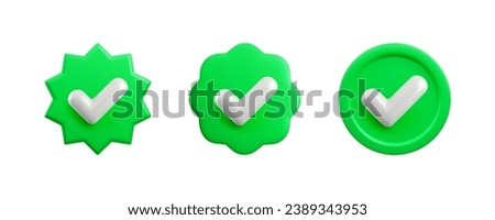 Vector 3d Green Check mark realistic icons set. Trendy plastic round starburst and wavy verified badge with checkmark, approved icon on white background. 3d render yes sign. Green official tick button